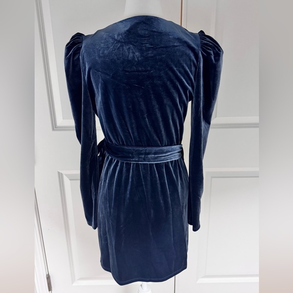 Lush Stone Blue Velvet Wrap Mini Dress Puff Sleeve Long Sleeve S Holiday Date - Picture 2 of 8
